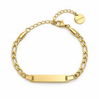 Goldenes Unity Bar Armband mit gravierbarer Stegplatte, Panzerkette, minimalistisches Design, Schmuck auf weißem Hintergrund