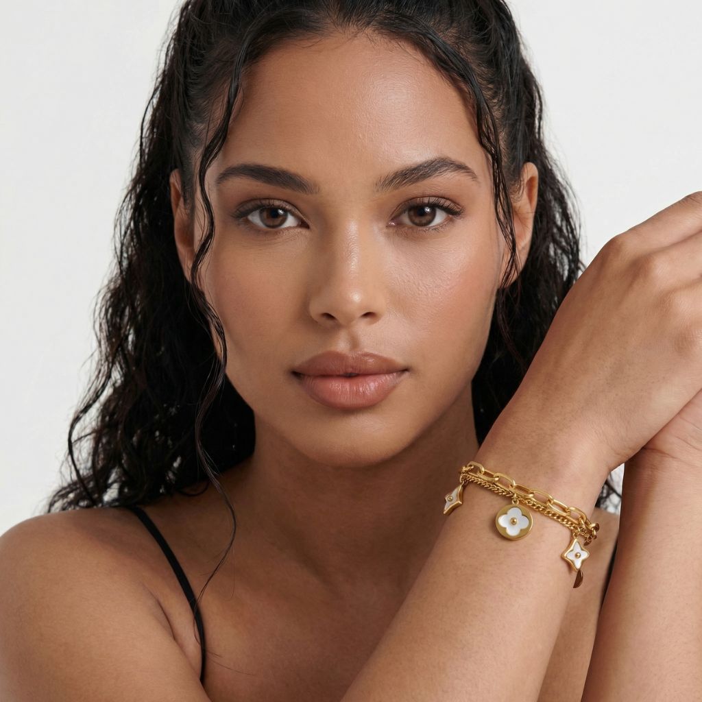 Golden Charme Armband in Gold mit Kleeblatt- und Stern-Charms am Model – wasserfest, hyperallergen, kein Abfärben – Damen Schmuck von Selnaura