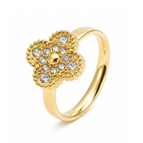 Goldener Kleeblatt Ring mit Zirkonia und hochwertiger 18K Vergoldung