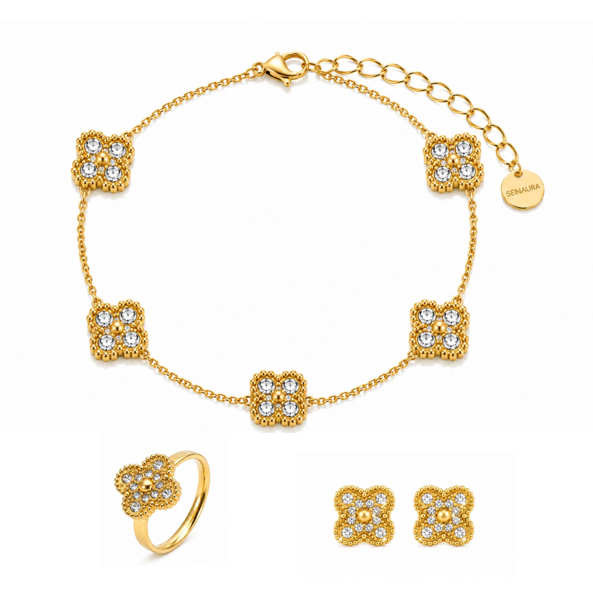 Golden Lumi Clover Schmuckset in Gold mit Kleeblatt Armband Ring und Ohrringen