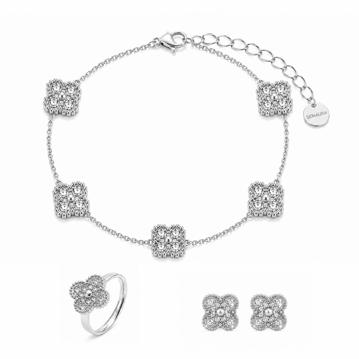 Golden Lumi Clover Schmuckset in Silber mit Kleeblatt Armband Ring und Ohrringen