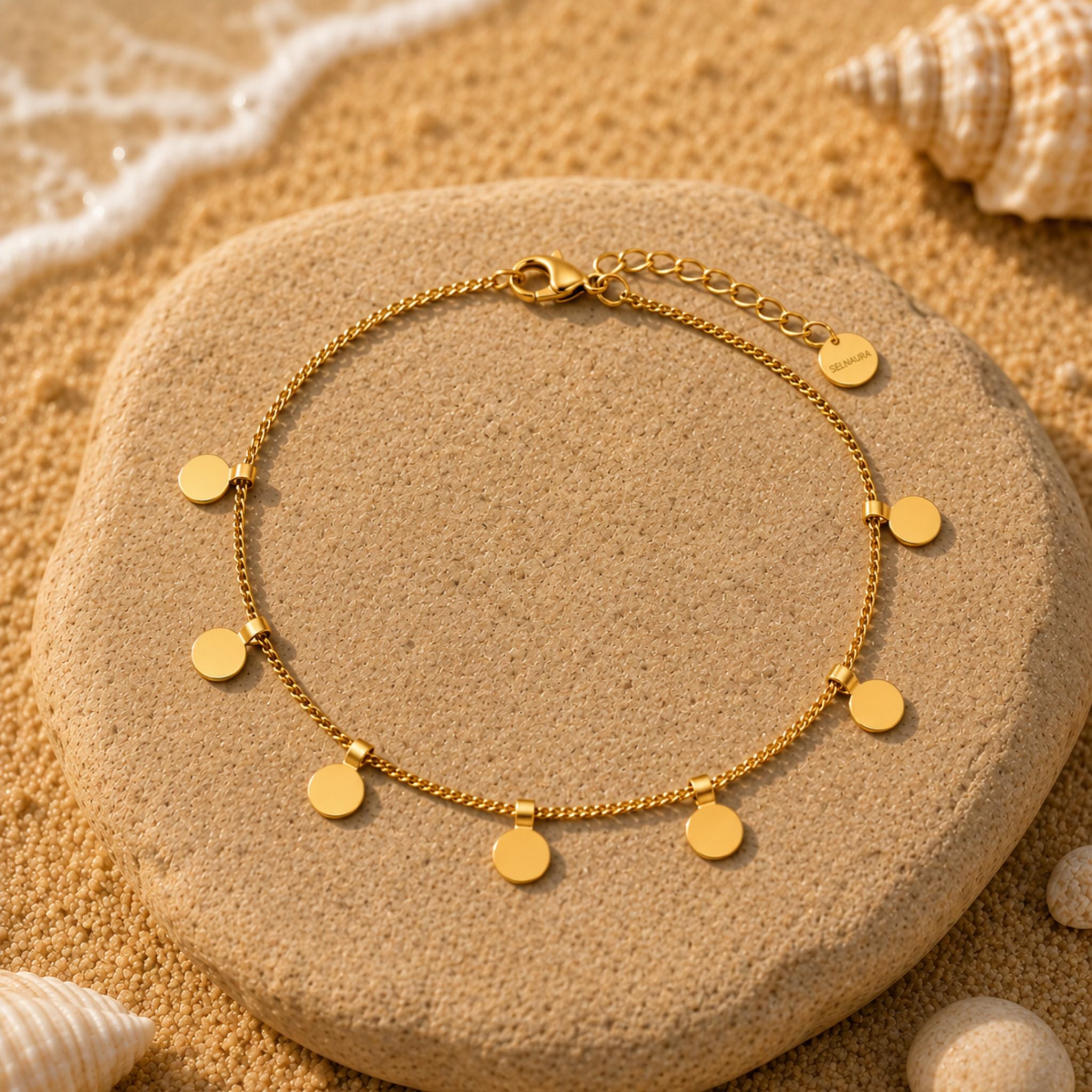 Wasserfeste Gold Fußkette mit filigranen runden Anhängern