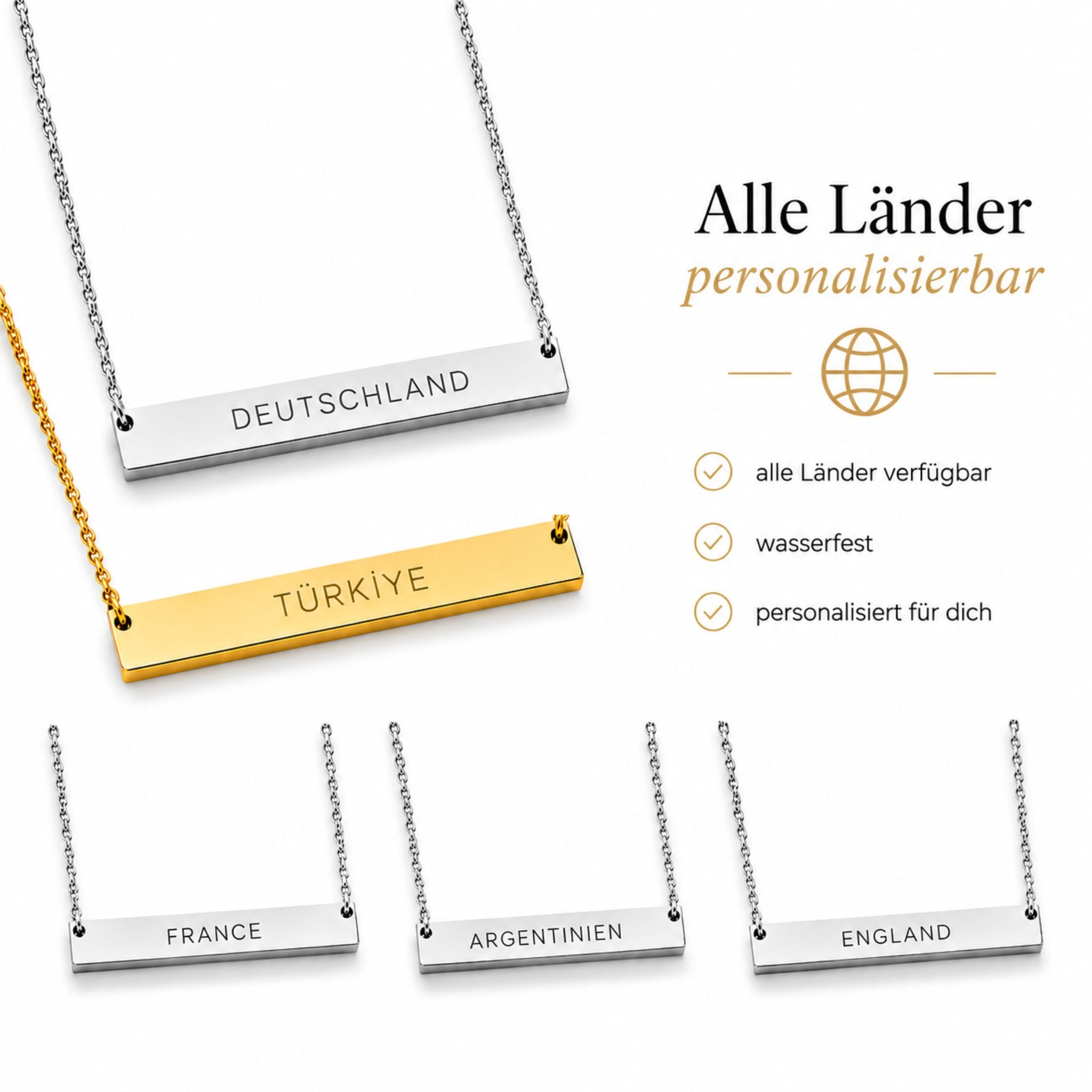 Personalisierbare Länder Kette aus Edelstahl mit individueller Ländergravur in Gold und Silber