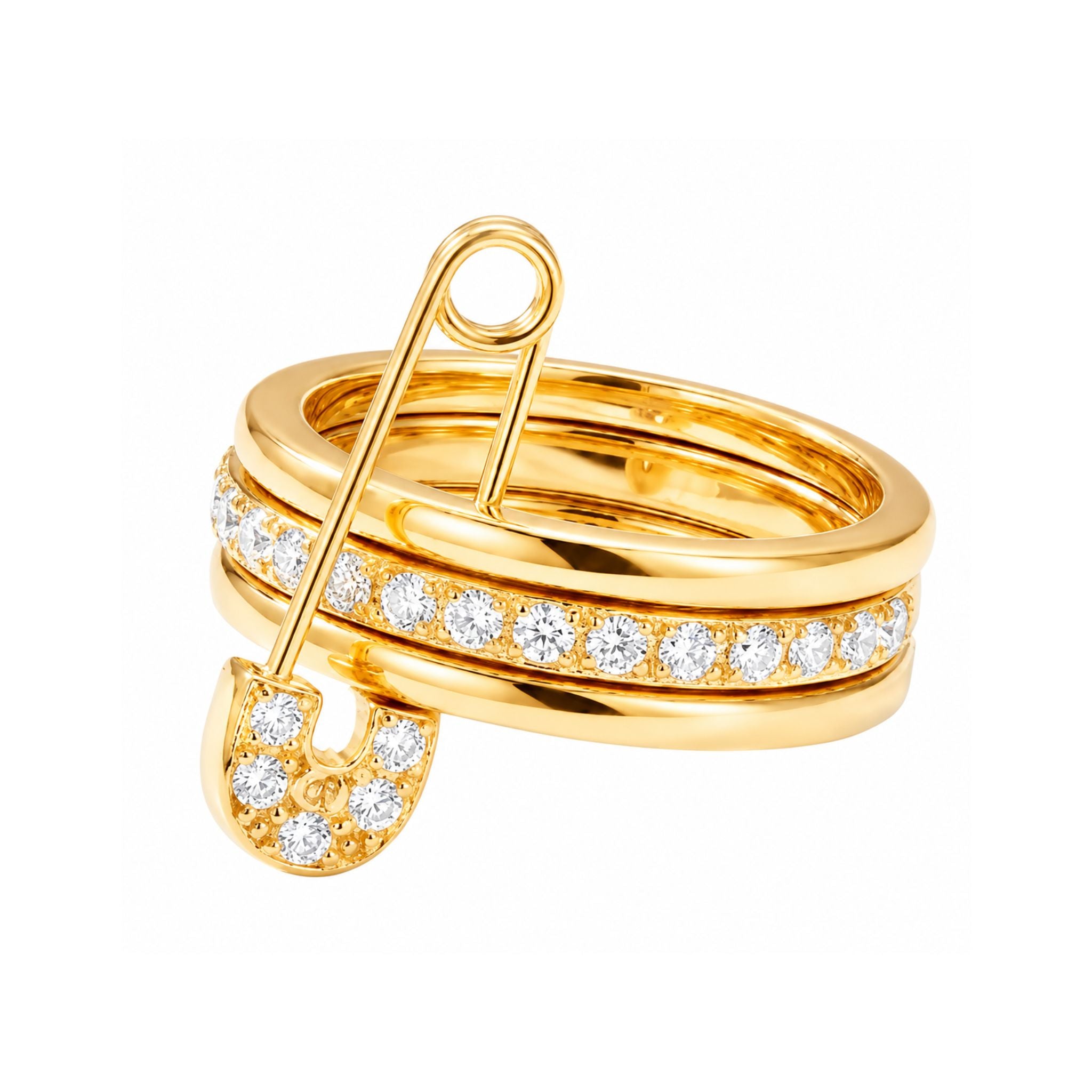 Locked in Love Ring Gold mit Sicherheitsnadel Design und Zirkonia Steinen