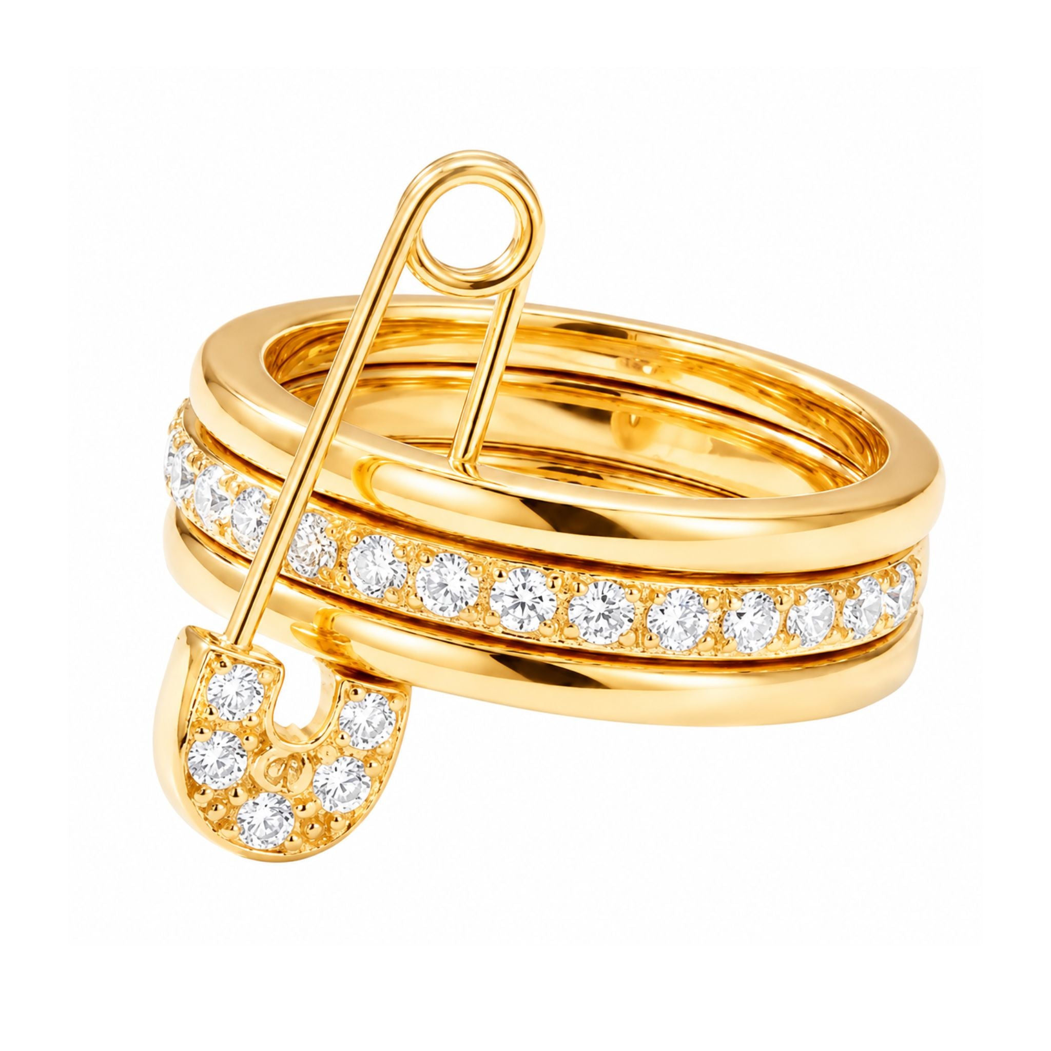 Locked in Love Ring Gold mit Sicherheitsnadel Design und Zirkonia Steinen