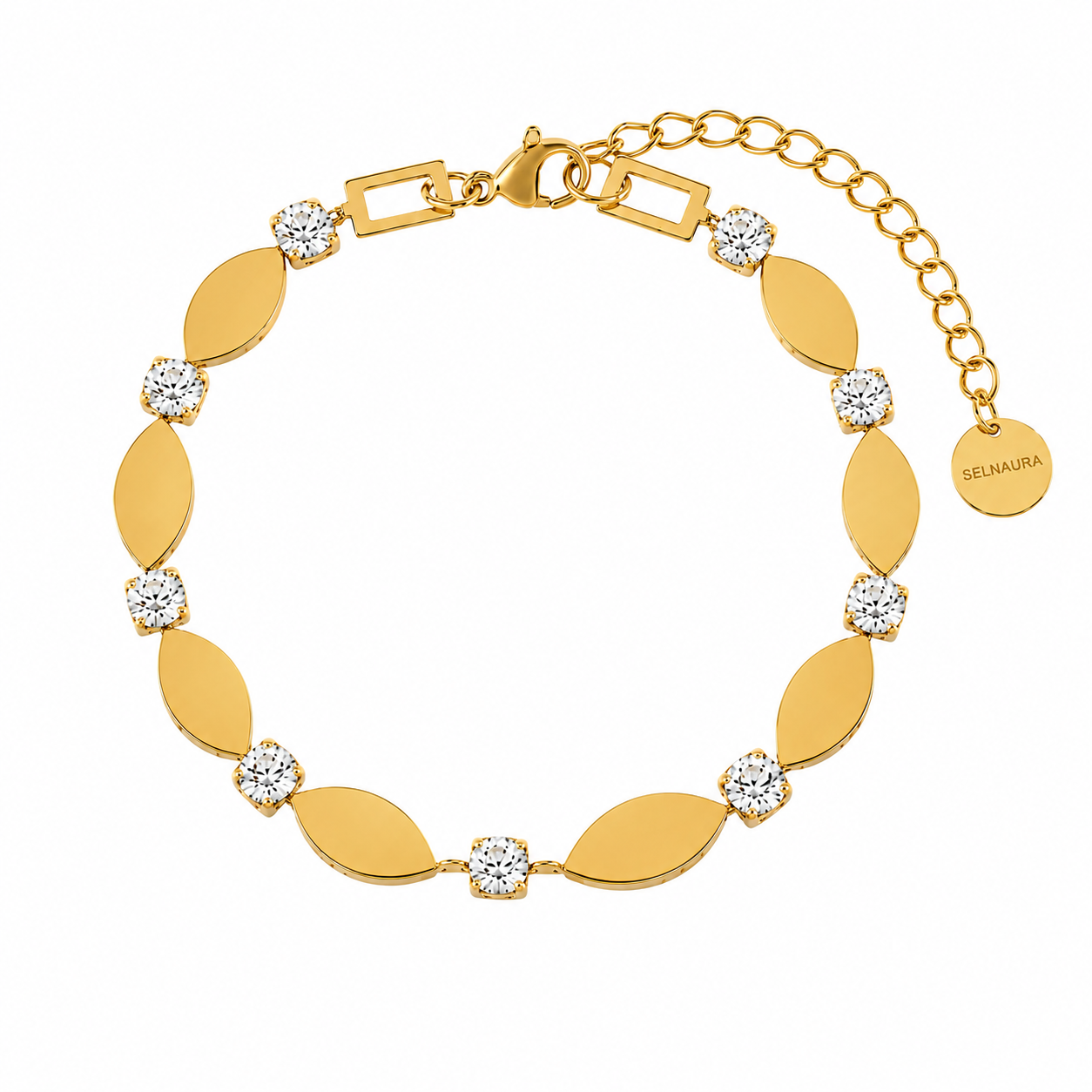 Goldenes Damen Armband mit Zirkonia und personalisierbaren Plättchen