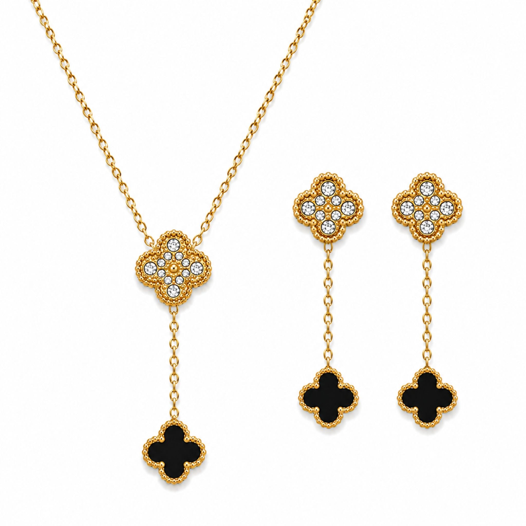 Midnight Clover Schmuckset Gold mit Halskette und Ohrringen im schwarzen Kleeblatt Design
