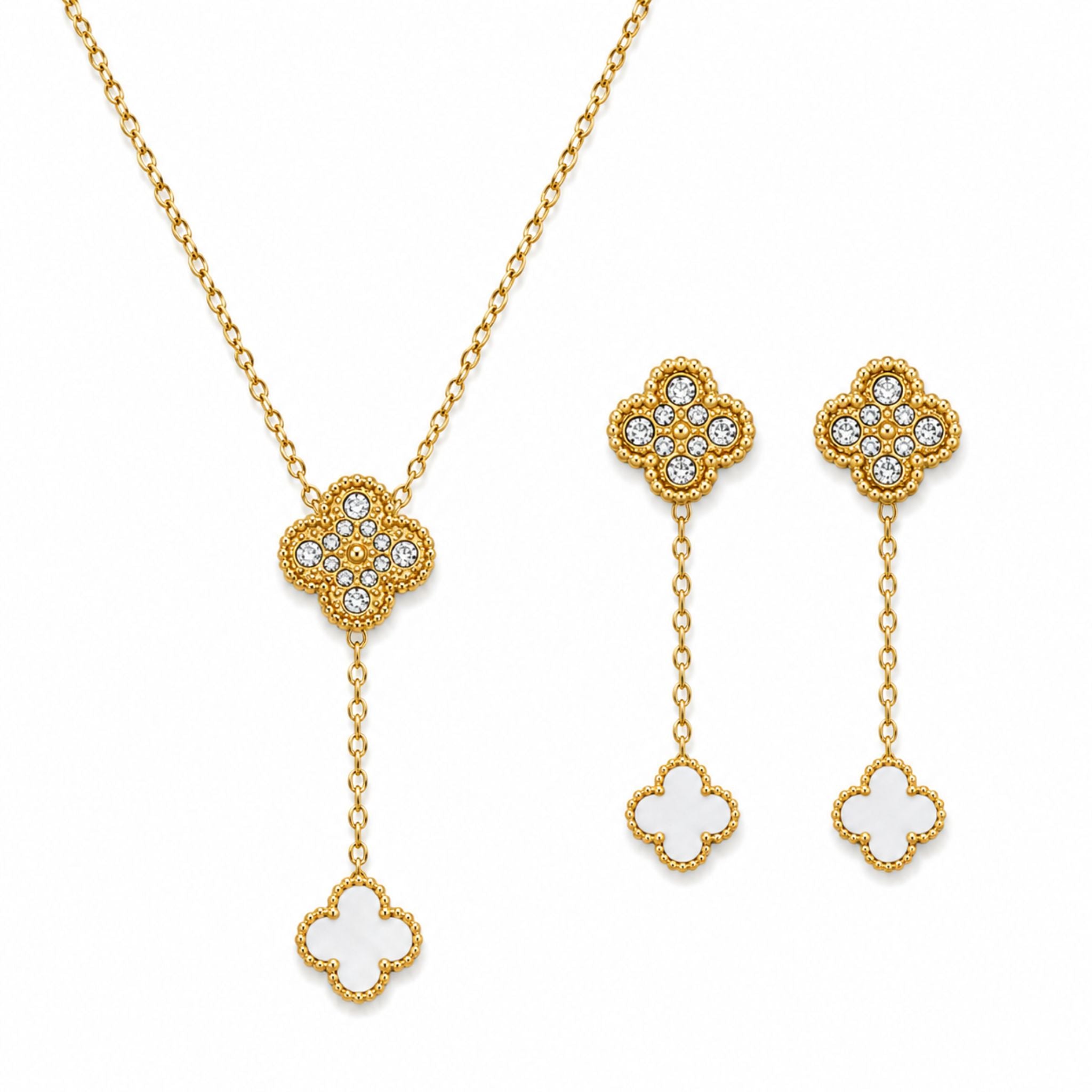 Moonlight Clover Schmuckset Gold mit Halskette und Ohrringen aus Perlmutt und Zirkonia