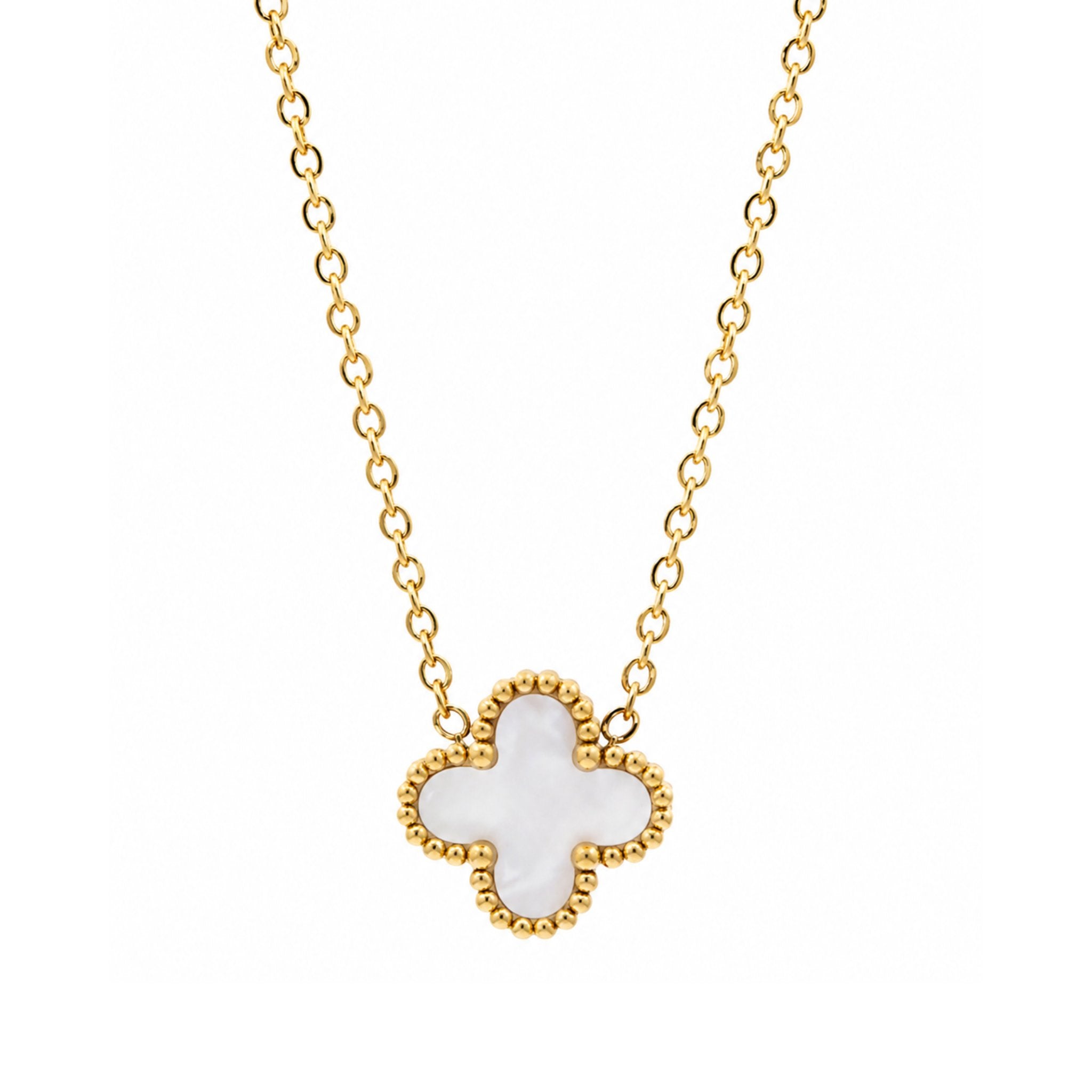 Pearl Clover Kette in Gold mit weißem Kleeblatt Anhänger und elegantem Perlmutt Design