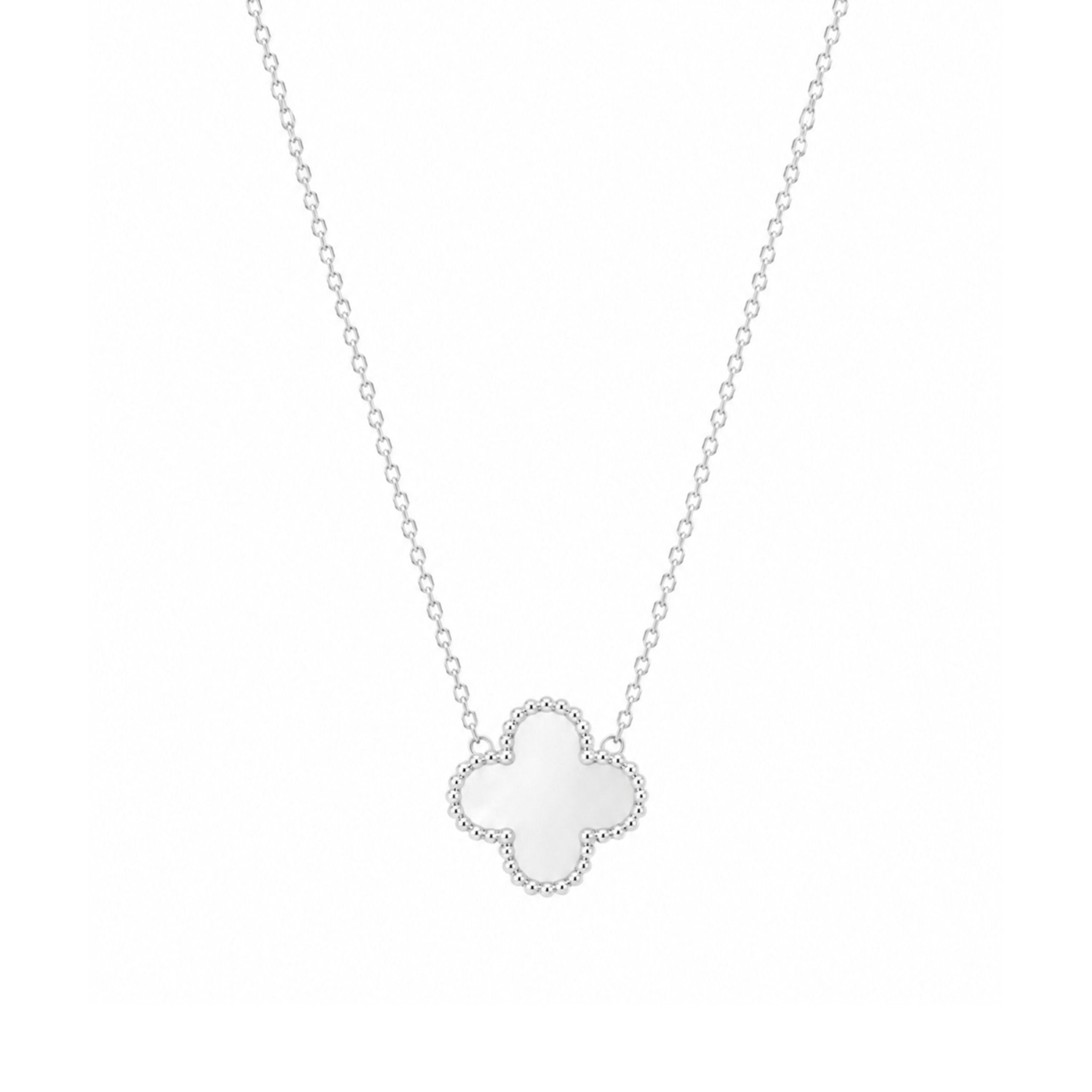 Pearl Clover Kette in Silber mit weißem Kleeblatt Anhänger und Perlmutt Optik