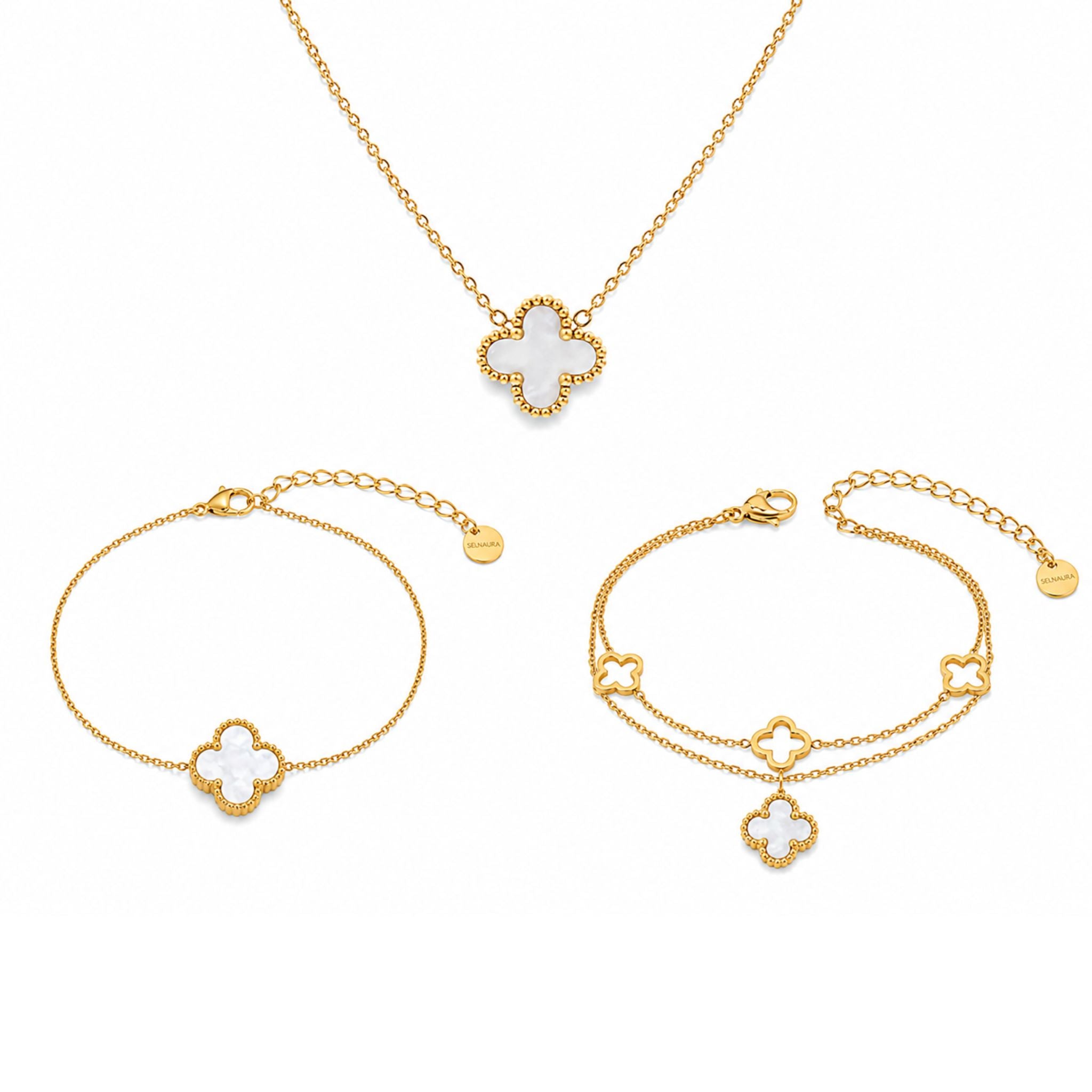 Pearl Clover Schmuckset in Gold mit Halskette, Armband und Fußkette aus Perlmutt