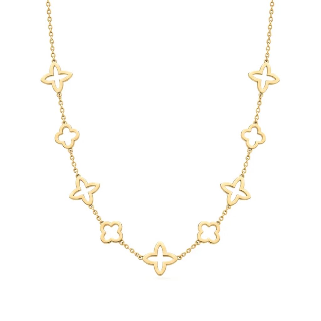 Kleeblatt Halskette in Gold mit filigranen, gleichmäßig verteilten Anhängern, zeitloses Design, eleganter Modeschmuck für Damen