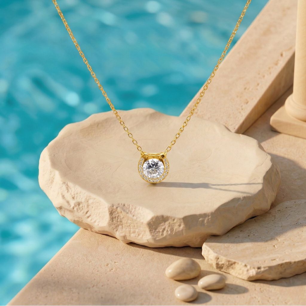 Pure Luck Kette in Gold mit Kristall-Anhänger am Pool – wasserfest, hautfreundlich – Damen Schmuck von Selnaura