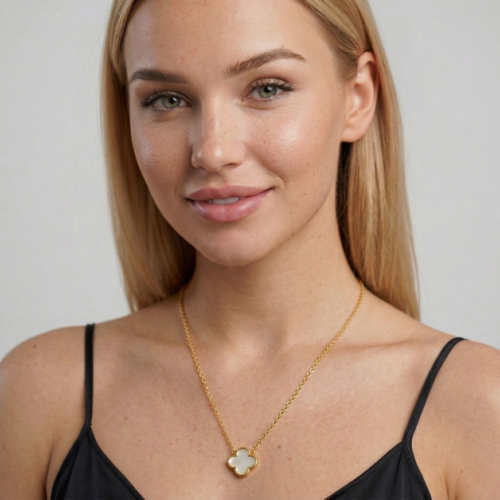 Elegante goldfarbene Kleeblatt-Kette mit Perlmutt-Anhänger – wasserfeste Damen Halskette von Selnaura, hautfreundlich und kein Abfärben – Selnaura Eternal Bloom Clover Kette