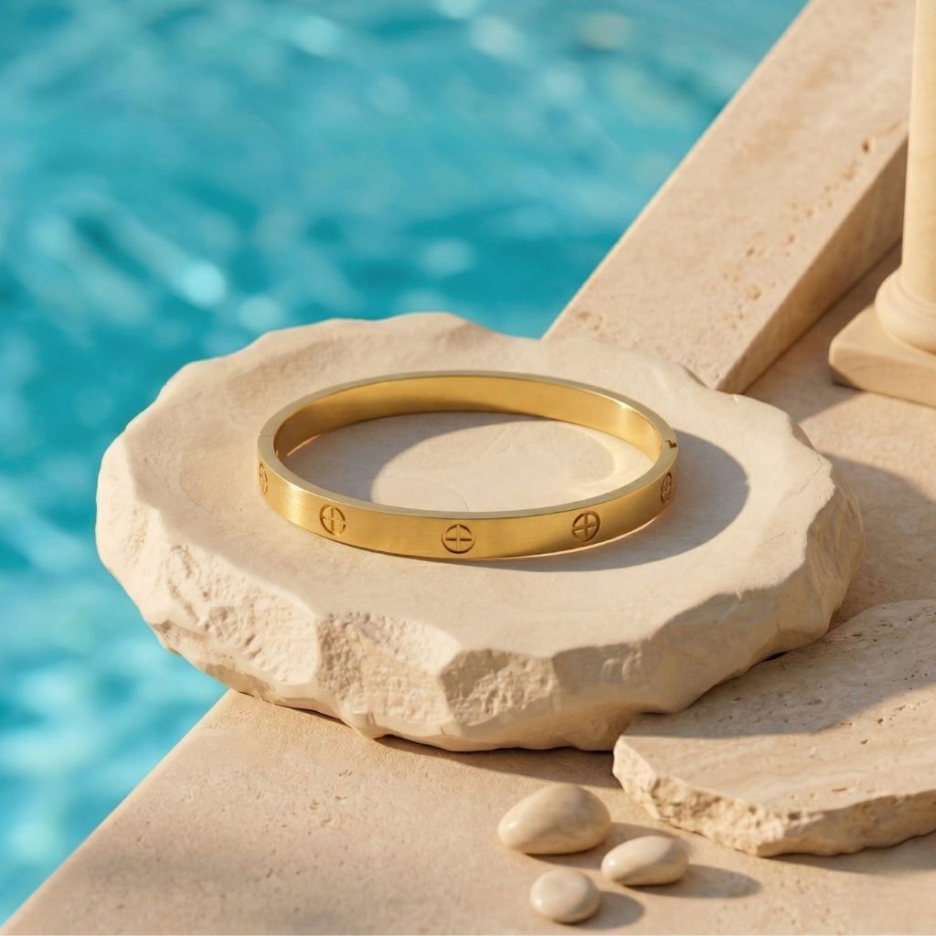 Goldfarbener Armreif mit gravierten Kreuz-Schrauben-Details am Pool – wasserfestes Damen Armband von Selnaura, hautfreundlich und kein Abfärben – Selnaura Eternal Screw Armreif