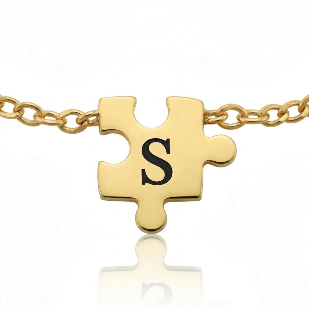 Nahaufnahme goldfarbenes Puzzlestück-Armband mit graviertem Initial-Buchstaben – wasserfestes Damen Armband von Selnaura, hautfreundlich und kein Abfärben – Selnaura Éternité Piece Armband Detail