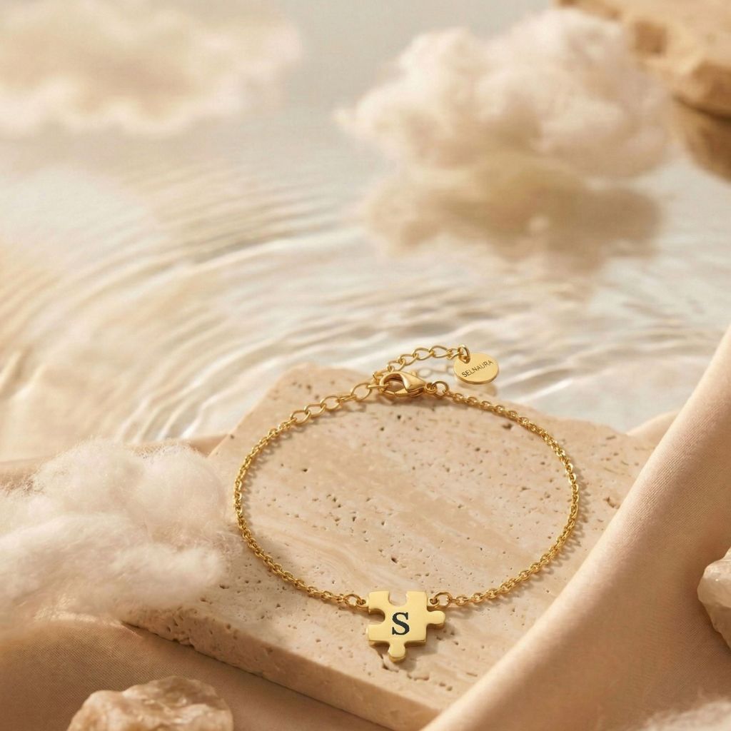Goldfarbenes Puzzlestück-Armband mit graviertem Initial-Buchstaben auf Naturstein – wasserfestes Damen Armband von Selnaura, hautfreundlich und kein Abfärben – Selnaura Éternité Piece Armband