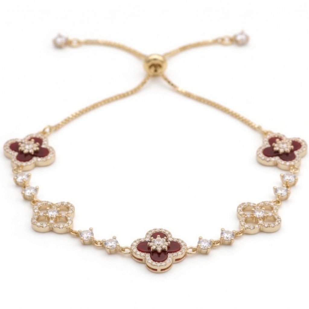 Goldfarbenes Kleeblatt-Armband mit roter Emaille und Zirkonia-Steinen auf Naturstein – wasserfestes Damen Armband von Selnaura, hautfreundlich und kein Abfärben – Selnaura Fleur de Passion Armband