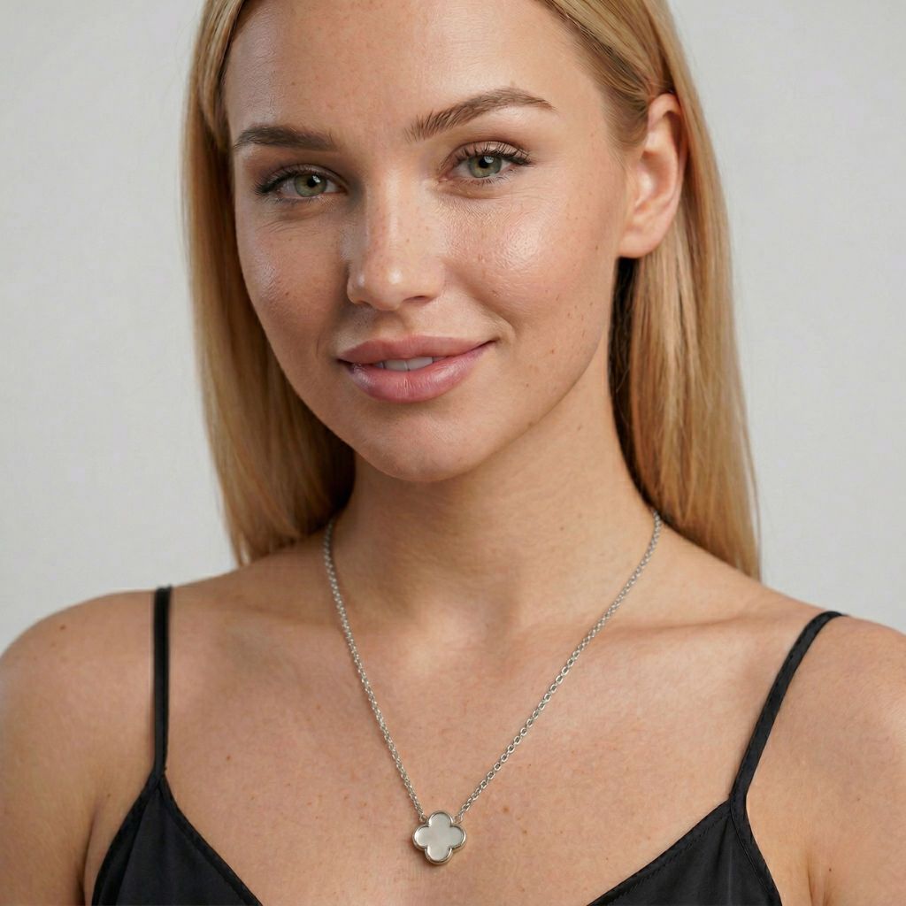 Elegante Kleeblatt-Halskette mit Perlmutt in Silber – wasserfeste Damen Kette von Selnaura, hautfreundlich und kein Abfärben – Selnaura Lunar Charm Clover Kette