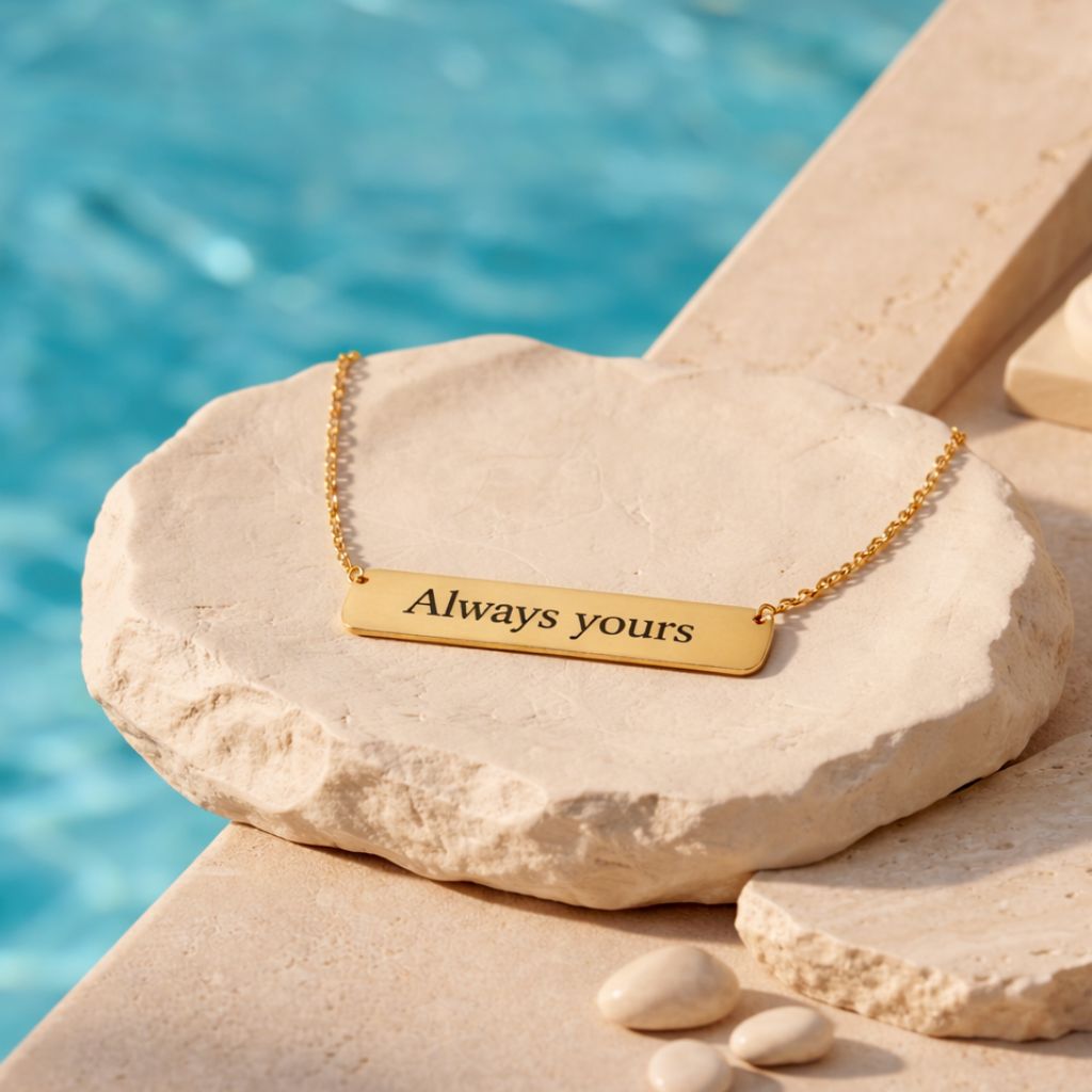 Goldfarbene gravierte Bar-Kette mit persönlicher Botschaft am Pool – wasserfeste Damen Halskette von Selnaura, hautfreundlich und kein Abfärben – Selnaura Memory Kette