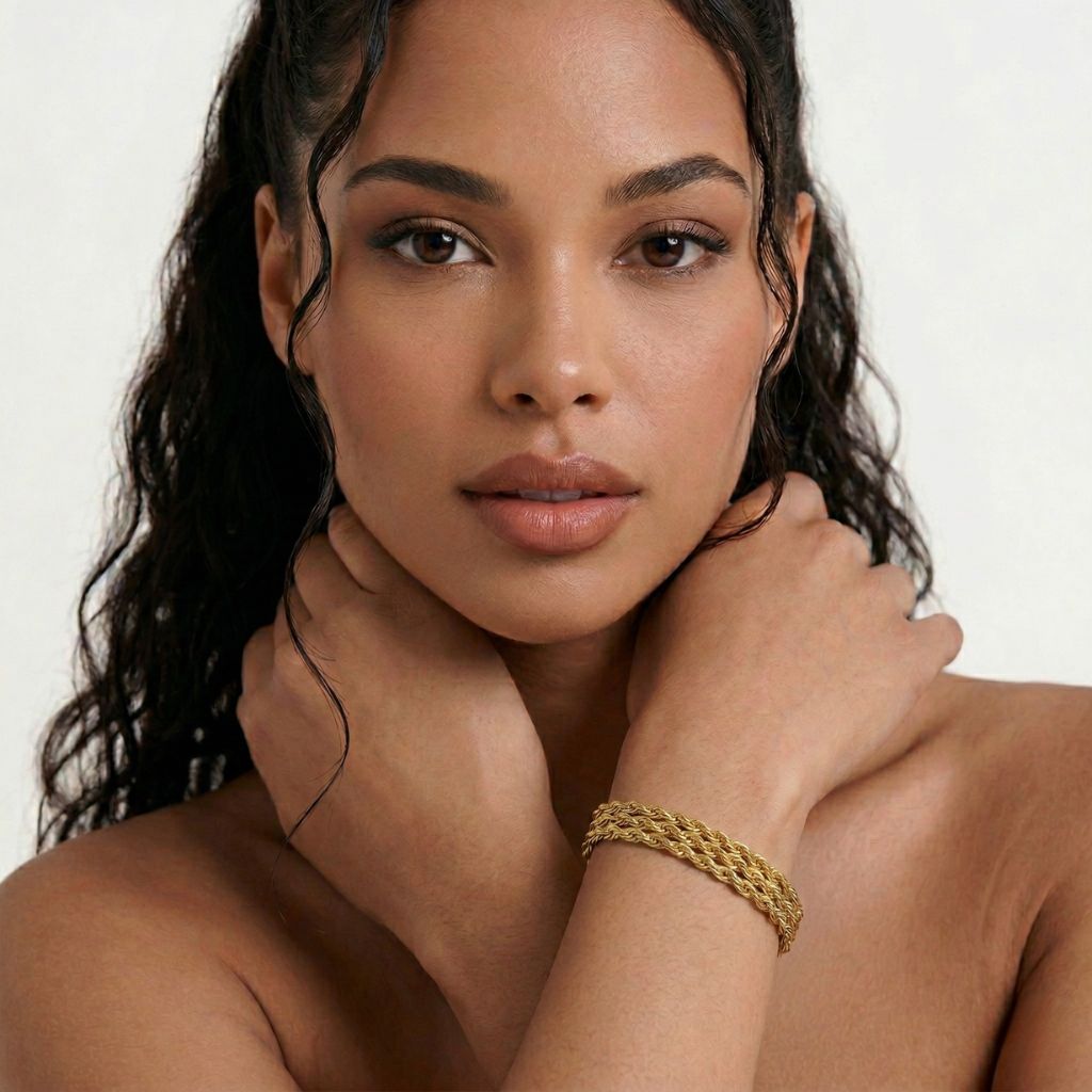 Goldfarbenes dreireihiges Kordelketten-Armband am Handgelenk – wasserfestes Damen Armband von Selnaura, hautfreundlich und kein Abfärben – Selnaura Trio Élégance Armband
