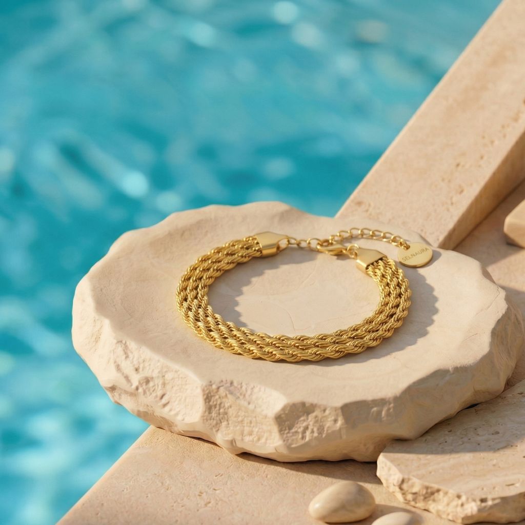 Goldfarbenes dreireihiges Kordelketten-Armband am Pool auf Naturstein – wasserfestes Damen Armband von Selnaura, hautfreundlich und kein Abfärben – Selnaura Trio Élégance Armband