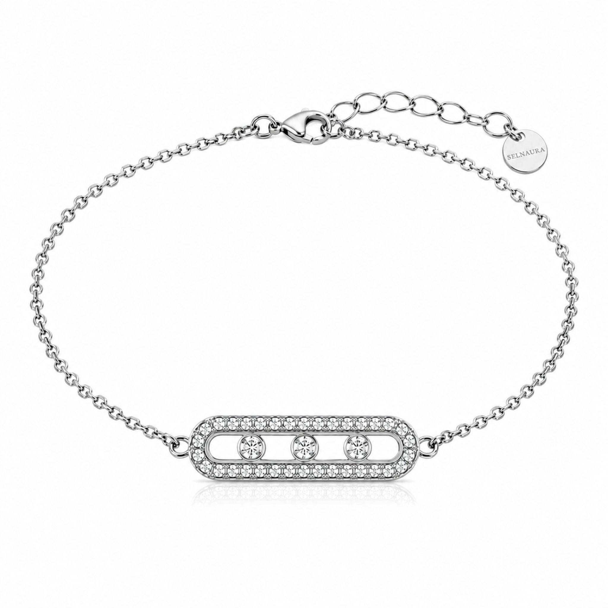 Trinity Shine Armband Silber mit drei beweglichen Zirkonia und Pavé-Rahmen