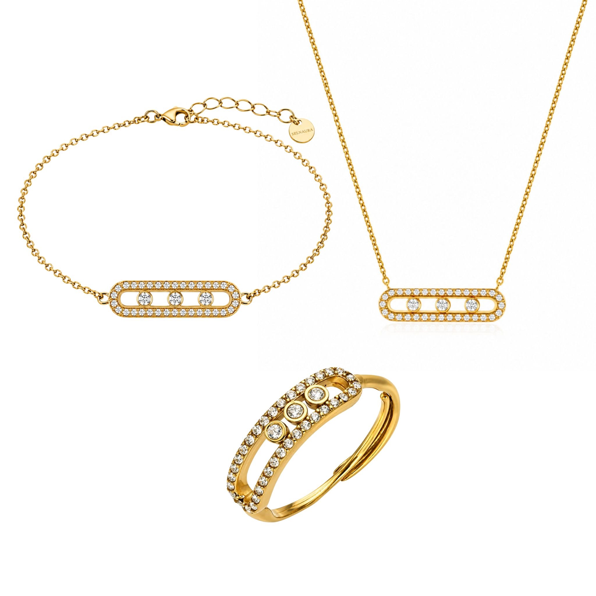 Trinity Shine Schmuckset Gold mit Halskette Armband und Ring aus Zirkonia